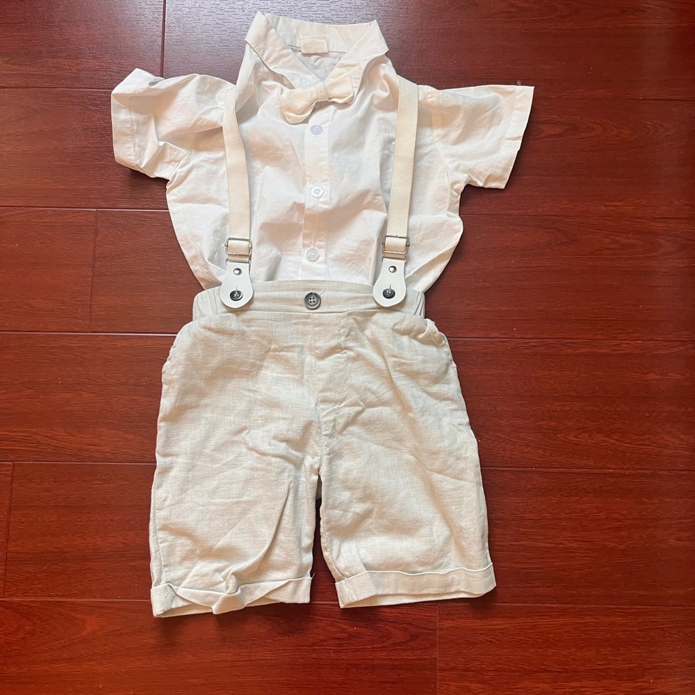 Kids white and gray/beige 2-piece set Shorts with Suspenders